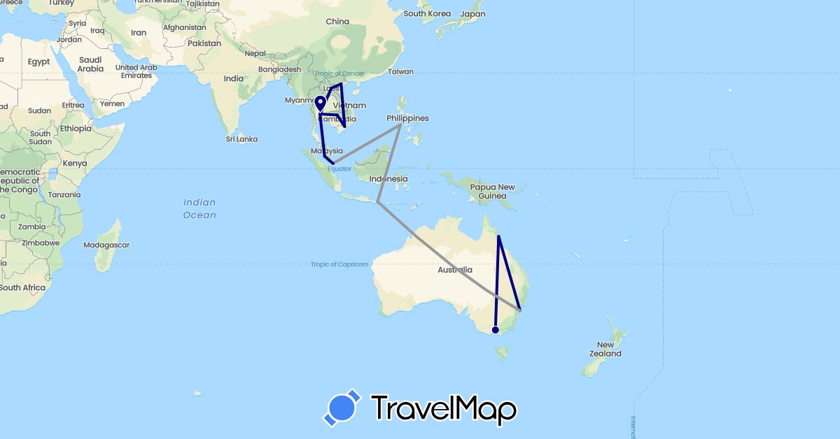 TravelMap itinerary: driving, plane in Australia, Indonesia, Cambodia, Laos, Malaysia, Philippines, Singapore, Thailand, Vietnam (Asia, Oceania)